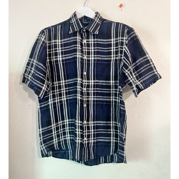 Scott Barber Mens Plaid Linen KhakisCarmel Button-Down Shirt Large Navy Casual - Picture 1 of 8